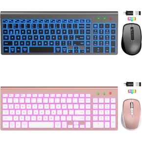 SABLUTE 2 Pack Compact Wireless Keyboard and Mouse Combo Backlit - Quiet Keyboard with RGB Mouse, Rechargeable, Slim, Sleep Mode, Portable Cordless Keyboard Mouse Set for Mac, Windows, Laptop