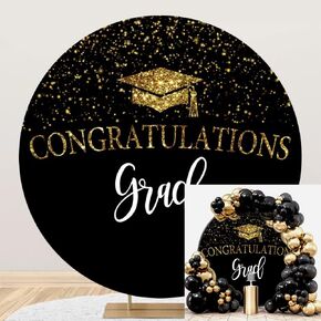 OERJU Graduation Round Backdrop Cover 6.5x6.5ft Congrats Grad Round Backdrop Black and Gold Congratulations Graduation Party Decoration Circle Backdrop Cover Photo Shoot Props Background