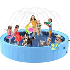 63'' Foldable Dog Pool, Sprinkler Pool for Kids, Non-Slip Kids Pool, Dog Swimming Pool for Kids, Heavy Duty Dogs Splash Pad Pools for Small Dogs, Hard Plastic Kiddie Pool for Backyard
