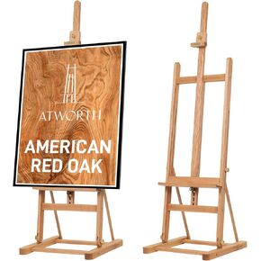 ATWORTH Medium H-Frame Artist Easel, Deluxe American Red Oak Wooden Adjustable Tilting Floor Painting Easel Stand with Storage Tray, 69-95" in Height, Easel for Painting Canvas Max 48"