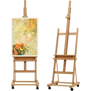 ATWORTH Medium H-Frame Artist Easel, Deluxe American Red Oak Wooden Adjustable Tilting Floor Painting Easel Stand with Storage Tray, 69-95" in Height, Easel for Painting Canvas Max 48"