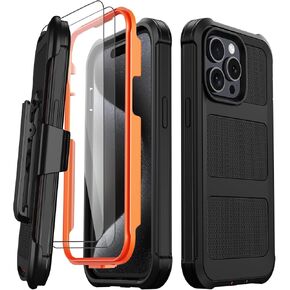 for iPhone 15 Pro Case with 2X Screen Protector + [Kickstand & Belt Clip Holster], Military-Grade Drop Protection Hard Bumper Heavy Duty Shockproof Phone Case for iPhone 15 Pro (Orange)
