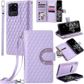 Phone Case for Samsung Galaxy S20 Ultra 5G Wallet Cover with and Crossbody Wrist Strap Shoulder Strap 9+ Card Slots Zipper Purse Leather Stand S20ultra 20S S 20 A20 S2O 20ultra G5 Women Black