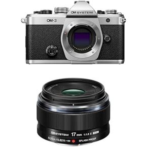 OM SYSTEM Olympus OM-3 Silver Micro Four Thirds System Travel Camera Weather Sealed 5-Axis Image Stabilization with OM SYSTEM Olympus M.Zuiko Digital 17mm F1.8 II for Micro Four Thirds Camera System