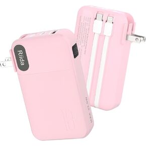 Portable Charger with Built-in Cables and AC Wall Plug, 10000mAh Slim Power Bank, USB-C Fast Charging Battery Pack with LED Display, Travel Accessories Compatible with iPhone, Smartphone, Tablet, etc.