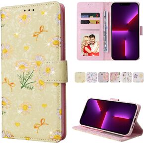 UEEBAI Wallet Case for Samsung Galaxy A13 5G/A04s, PU Leather Phone Case Kickstand RFID Blocking Flip Case with Card Slots Wrist Strap Relief Engraved Pattern Magnetic Folio Case - Yellow Daisy