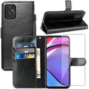 for Moto G Power 5G 2023 Case, with Screen Protector, PU Leather Wrist Strap Card Slots Shockproof Protective Flip Cover Phone Wallet Case for Motorola Moto G Power 5G 2023, Black