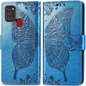 MEUPZZK Samsung Galaxy A21S Case, Samsung A21S Wallet Case, Embossed Butterfly Premium PU Leather [Kickstand][Card Slots][Wrist Strap][6.5 inch] Phone Cover for Samsung A21S (A-Lavender)