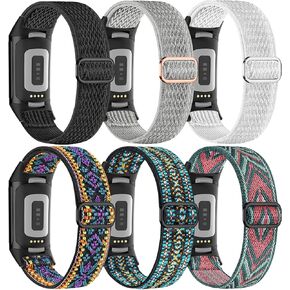 6 Pack Stretchy Loop Nylon Compatible with Fitbit Charge 6 Bands/Fitbit Charge 5 Bands for Women Men, Soft Adjustable Breathable Elastic Wristband Sport Strap for Charge 5/6 Watch
