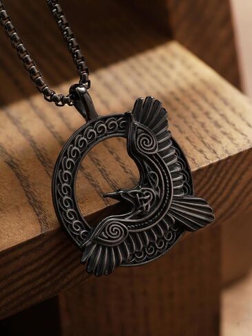 HAQUIL Raven Necklace, Celtic Raven in Flight Medallion Pendant, Box Chain, Raven Jewelry Gift in Kuwait