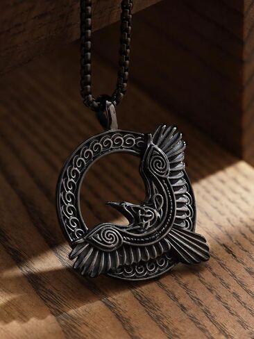 HAQUIL Raven Necklace, Celtic Raven in Flight Medallion Pendant, Box Chain, Raven Jewelry Gift in Kuwait