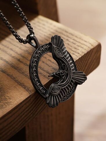 HAQUIL Raven Necklace, Celtic Raven in Flight Medallion Pendant, Box Chain, Raven Jewelry Gift in Kuwait