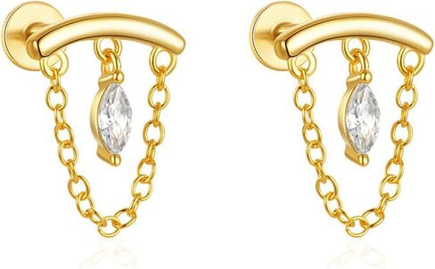 Gold Helix Earrings for Women Flat Back Earrings Hidden Helix Earring Dangle Pearl Drop Tassel Chain Earring 2Pcs Cartilage Studs Silver Flower Marquise CZ Sparkling Earrings Jewelry Gift in Saudi Arabia