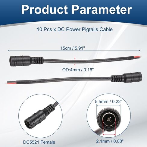 MECCANIXITY 10pcs DC Power Pigtails Cable, 5.5 x 2.1mm Female Barrel Plug Connector to Bare Wire Open End for CCTV Camera, DVR, LED Strip, 15cm Black in Saudi Arabia