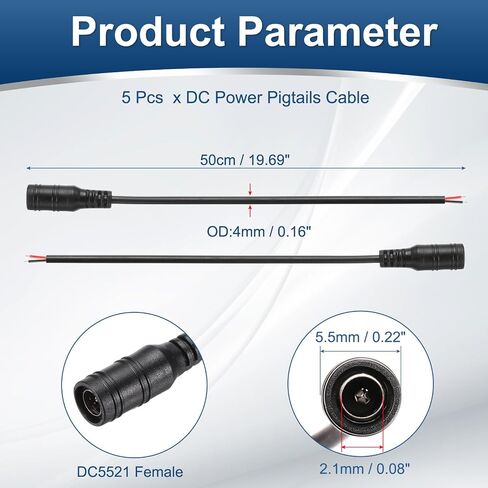 MECCANIXITY 10pcs DC Power Pigtails Cable, 5.5 x 2.1mm Female Barrel Plug Connector to Bare Wire Open End for CCTV Camera, DVR, LED Strip, 15cm Black in Saudi Arabia