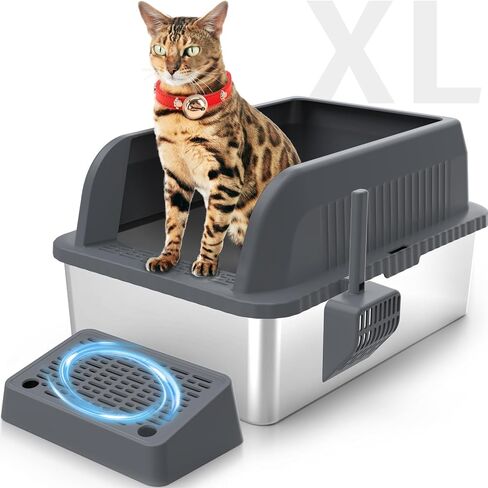 Stainless Steel Cat Litter Box, XL Extra Large Enclosure Litter Box with Lid for Small Big Cats, Double Pedal Filter Metal High Sided Litter Box with Scoop Mats, Non-Sticky Anti-Leakage Easy Cleaning in Saudi Arabia