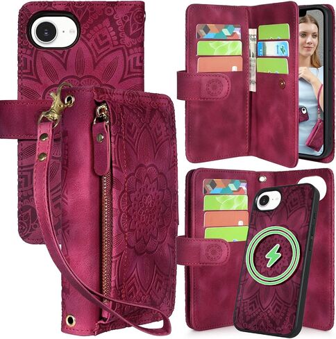 Harryshell for iPhone 16E Detachable Magnetic Case Wallet Compatible with Magsafe Wireless Charging, [Theft-Scan Blocking] Card Slots, Cash Zipper Pocket Wrist Strap (Floral Wine Red) in Kuwait