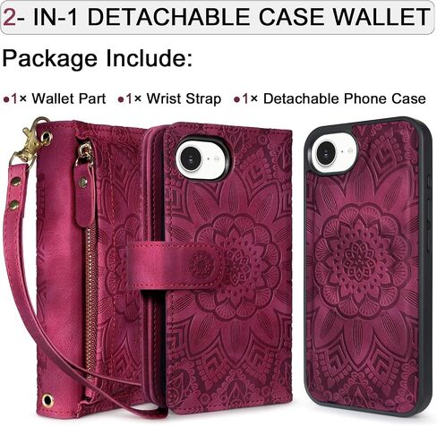 Harryshell for iPhone 16E Detachable Magnetic Case Wallet Compatible with Magsafe Wireless Charging, [Theft-Scan Blocking] Card Slots, Cash Zipper Pocket Wrist Strap (Floral Wine Red) in Kuwait