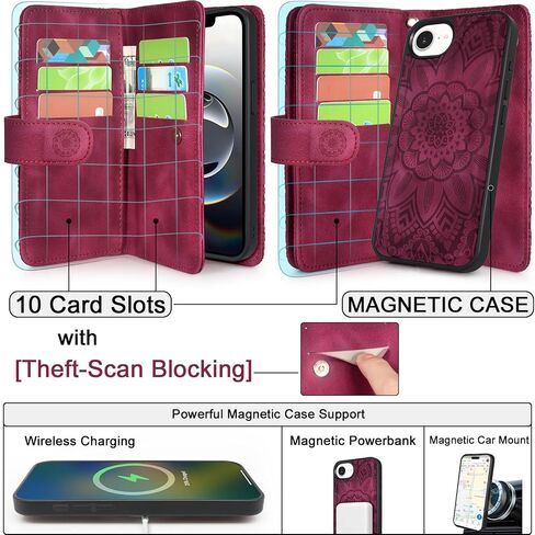 Harryshell for iPhone 16E Detachable Magnetic Case Wallet Compatible with Magsafe Wireless Charging, [Theft-Scan Blocking] Card Slots, Cash Zipper Pocket Wrist Strap (Floral Wine Red) in Kuwait