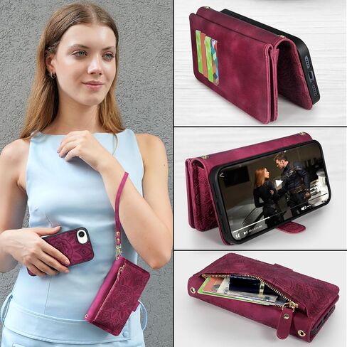 Harryshell for iPhone 16E Detachable Magnetic Case Wallet Compatible with Magsafe Wireless Charging, [Theft-Scan Blocking] Card Slots, Cash Zipper Pocket Wrist Strap (Floral Wine Red) in Kuwait