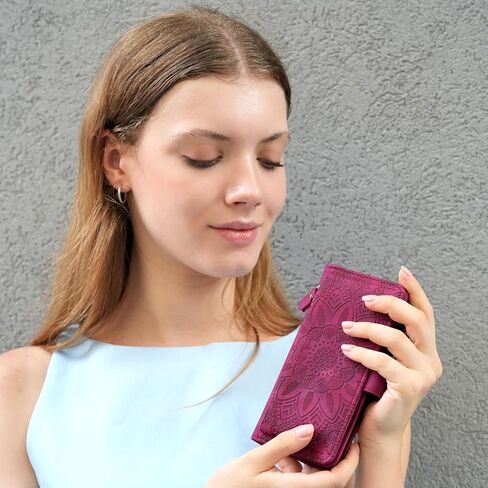 Harryshell for iPhone 16E Detachable Magnetic Case Wallet Compatible with Magsafe Wireless Charging, [Theft-Scan Blocking] Card Slots, Cash Zipper Pocket Wrist Strap (Floral Wine Red) in Kuwait