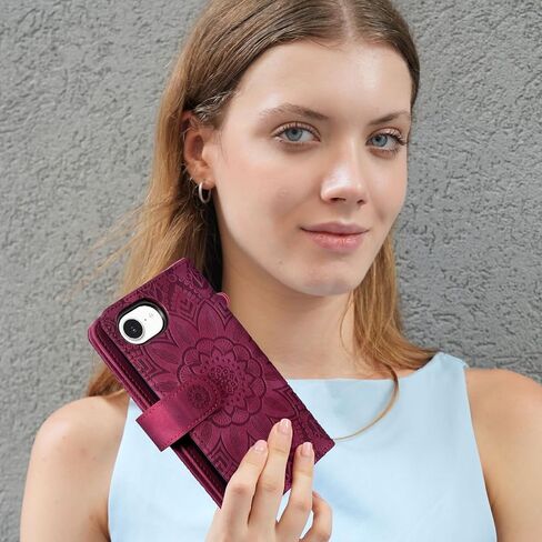 Harryshell for iPhone 16E Detachable Magnetic Case Wallet Compatible with Magsafe Wireless Charging, [Theft-Scan Blocking] Card Slots, Cash Zipper Pocket Wrist Strap (Floral Wine Red) in Kuwait
