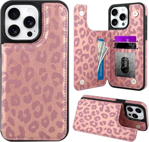 OOK for iPhone 15 Pro Case Wallet with Card Holder, Cute Pink Leopard Cheetah Pattern for Women Girls RFID Blocking 3 Card Slots Kickstand Flip Folio Leather Protective Shockproof Phone Case in Kuwait