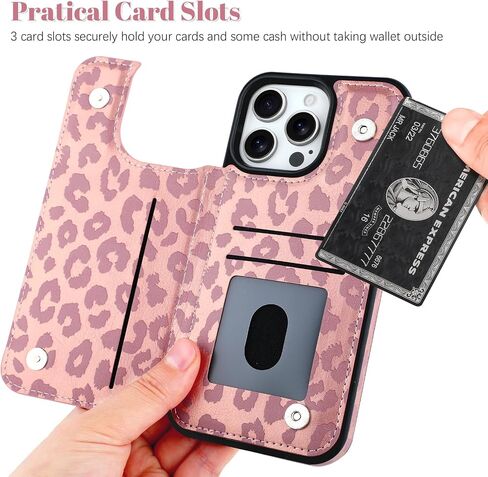 OOK for iPhone 15 Pro Case Wallet with Card Holder, Cute Pink Leopard Cheetah Pattern for Women Girls RFID Blocking 3 Card Slots Kickstand Flip Folio Leather Protective Shockproof Phone Case in Kuwait
