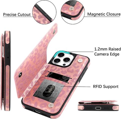 OOK for iPhone 15 Pro Case Wallet with Card Holder, Cute Pink Leopard Cheetah Pattern for Women Girls RFID Blocking 3 Card Slots Kickstand Flip Folio Leather Protective Shockproof Phone Case in Kuwait
