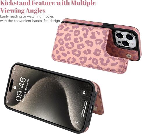 OOK for iPhone 15 Pro Case Wallet with Card Holder, Cute Pink Leopard Cheetah Pattern for Women Girls RFID Blocking 3 Card Slots Kickstand Flip Folio Leather Protective Shockproof Phone Case in Kuwait