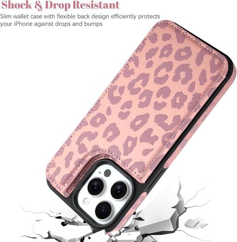 OOK for iPhone 15 Pro Case Wallet with Card Holder, Cute Pink Leopard Cheetah Pattern for Women Girls RFID Blocking 3 Card Slots Kickstand Flip Folio Leather Protective Shockproof Phone Case in Kuwait
