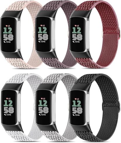 6 Pack Stretchy Loop Nylon Compatible with Fitbit Charge 6 Bands/Fitbit Charge 5 Bands for Women Men, Soft Adjustable Breathable Elastic Wristband Sport Strap for Charge 5/6 Watch in Kuwait