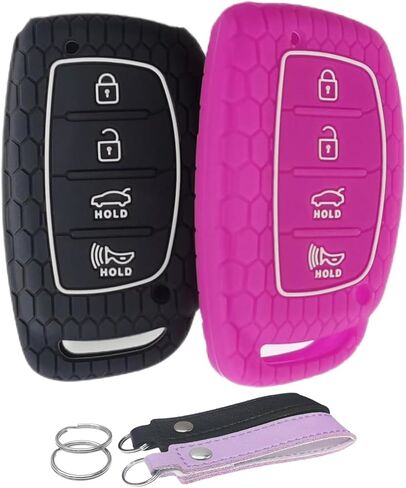 Silicone Key Fob Cover Remote Keyless Case Protector Compatible with Hyundai Elantra Elantra GT Ioniq Sonata Tucson 2016-2021 (Flip Fob Not Fit - 4 Buttons Black & Pink) in Kuwait