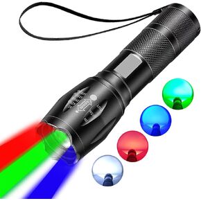 Red Flashlight Rechargeable, Green Light Flashlight, Blue Light Flashlight，Long Range Powerful, 4 in 1 Multi-Color, White, Red, Blue and Green Lights, 4 Color Modes for Camping,Outdoor