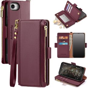 Antsturdy Compatible with iPhone 16e Wallet Case,RFID Blocking PU Leather Phone Case Women Men Kickstand flip Cover Wrist Strap Zipper Credit Card Holder Slots for Apple 16e 2025,Wine Red