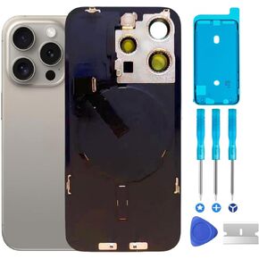 الأصلي 15 Pro Max Back Glass Placense و Cable Plate & Flex Cable وجميع الأجزاء ، إطار الكاميرا المثبت مسبقًا لأدوات إصلاح iPhone 15 Pro Max + (التيتانيوم الطبيعي)