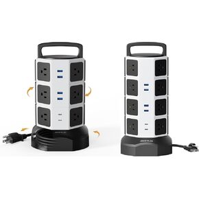 Power Strip Tower Surge Protector, JACKYLED 12 Outlets 6 USB (2 USB C) Charging Station, Extension Cord with Multiple Outlets, 1050J 1625W/13A Outlet Extender 6.5ft Extension Cord for Home Office