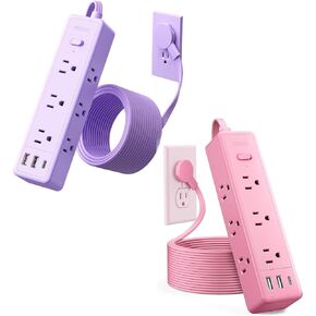 Pink+ Power Strip+Purple, 2 Pack NTONPOWER Surge Protector Power Strip Flat Extension Cord, 9 Outlets 3 USB Ports(1 USB C), Wall Mount, 1080J, Multiple Outlets for Home Office, Vanity Desk,Women