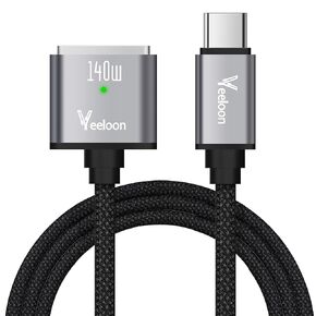 USB C إلى مغناطيسي 3 كابل مضفر 6 أقدام ، 140W آمن مغناطيسي 3 سلك الشحن السريع ， مناسب لـ MacBook Pro/Air M1 M2 M3 (2021-2024 14 "و 16"- Space Gray