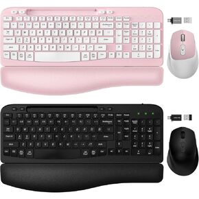 2 Pack Wireless Keyboard and Mouse Combo, EAYBLLY Wave Keys Wireless Ergonomic Keyboard with Cushioned Wrist Rest, Phone Holder, 2.4GHz Silent Cordless Keyboard Mouse Set