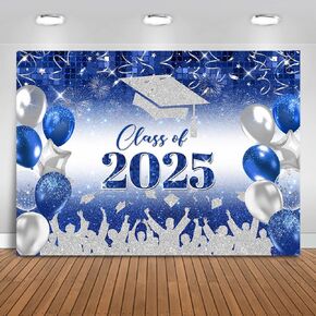 Mocsicka Blue Silver Class of 2025 Backdrop Graduation Caps Congrats Grad Celebration Photography Background Graduation Prom Party Decor Supplies Photo Booth Props (7x5ft)