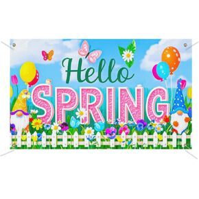 Hello Spring Banner with Vibrant Flowers Butterflies and Bees Backdrop Photography Background 71x43 Inch OutDoor Banner Decorative Seasonal Hanging for Porch Lawn Home