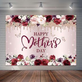 Happy Mother's Day Backdrop Burgundy Floral Butterfly Rose Gold Mothers Day Photo Background I Love Mom Gifts Wall Party Decorations Banner Photo Booth Props (7x5ft)