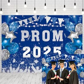 INRUI Prom 2025 Photography Background Blue and Silvery 2025 Prom Night Banner Glitter Balloons Flags Graduation Party Decorations Backdrop (7x5FT)