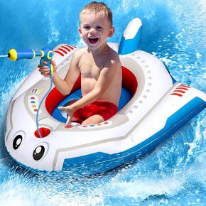 HopeRock 2 Pack Kids Pool Float with Water Gun,Inflatable Ride-on Airplane Swimming Toddler Pool Toys for Boys and Girls for Aged 3-8 Years