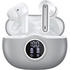 Wireless Earbuds Bluetooth 5.3 Headphones 40 Hrs Playtime with LED Display, Deep Bass Stereo and Noise Cancelling Bluetooth Ear Buds IP7 Waterproof Wireless Earphones for iPhone Android, Light Grey