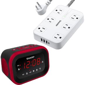 SHARP Big Bang Alarm Clock Surge USB Power Strip with Widely Spaced Outlets