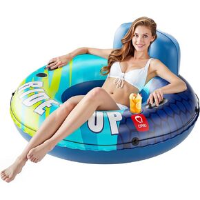 QPAU Inflatable River Raft, Sturdy and Extra-Thick Material, Water Float to Relax Over Lake and River with Family and Friends, 47" Diameter in Size, 2 Cup Holders, Non-Toxic Material