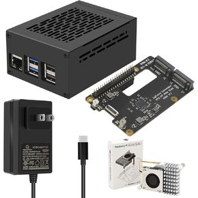 Geekworm X1004 PCIe to Dual M.2 HAT NVMe 2280 SSD PCIe Peripheral Board+Metal Case with Official Pi 5 Active Cooler+ PD 27W Power Adapter for Raspberry Pi 5