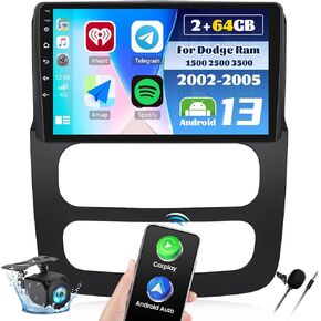 2G+64G Car Radio for Dodge RAM 1500 2500 3500 2002-2005 with Wireless Carplay Android Auto,9" Touchscreen Android 13 Car Stereo with Mirror Link WiFi/GPS Navigation Bluetooth FM/RDS SWC+Rear Camera